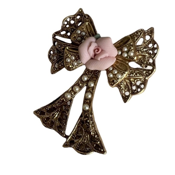 Vintage Antique Jewelry 1928 Romantic Rose adenine Bow Pin Brooch - Picture 4 of 7